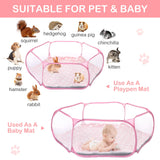 VitalCozy Hamster Playpen with Mat Small Animal Cage Tent Breathable Transparent Guinea Pig Playpen Waterproof Portable Yard Fence Mat Foldable Exercise Playpen Outdoor Indoor (Pink,Star)