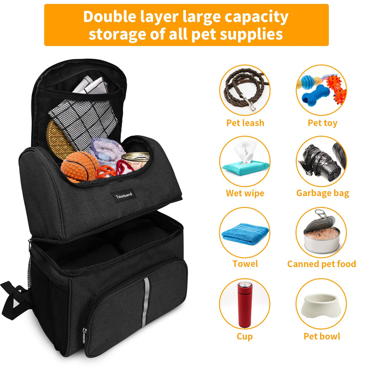 Txinrbaod Dog Travel Bag for Supplies with Food Container Bag Dog Travel Backpack for Hiking Overnight Camping Trip Black