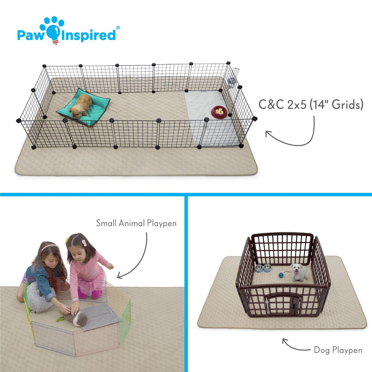 Paw Inspired Playpen Mat, Super Absorbent Fleece Cage Liner with Non-Slip Bottom, Waterproof Pet Play Pen Pad for Dogs, Rabbits, Guinea Pigs, Hamsters, Small Animals (Tan, 80x50 Inch Rectangular)