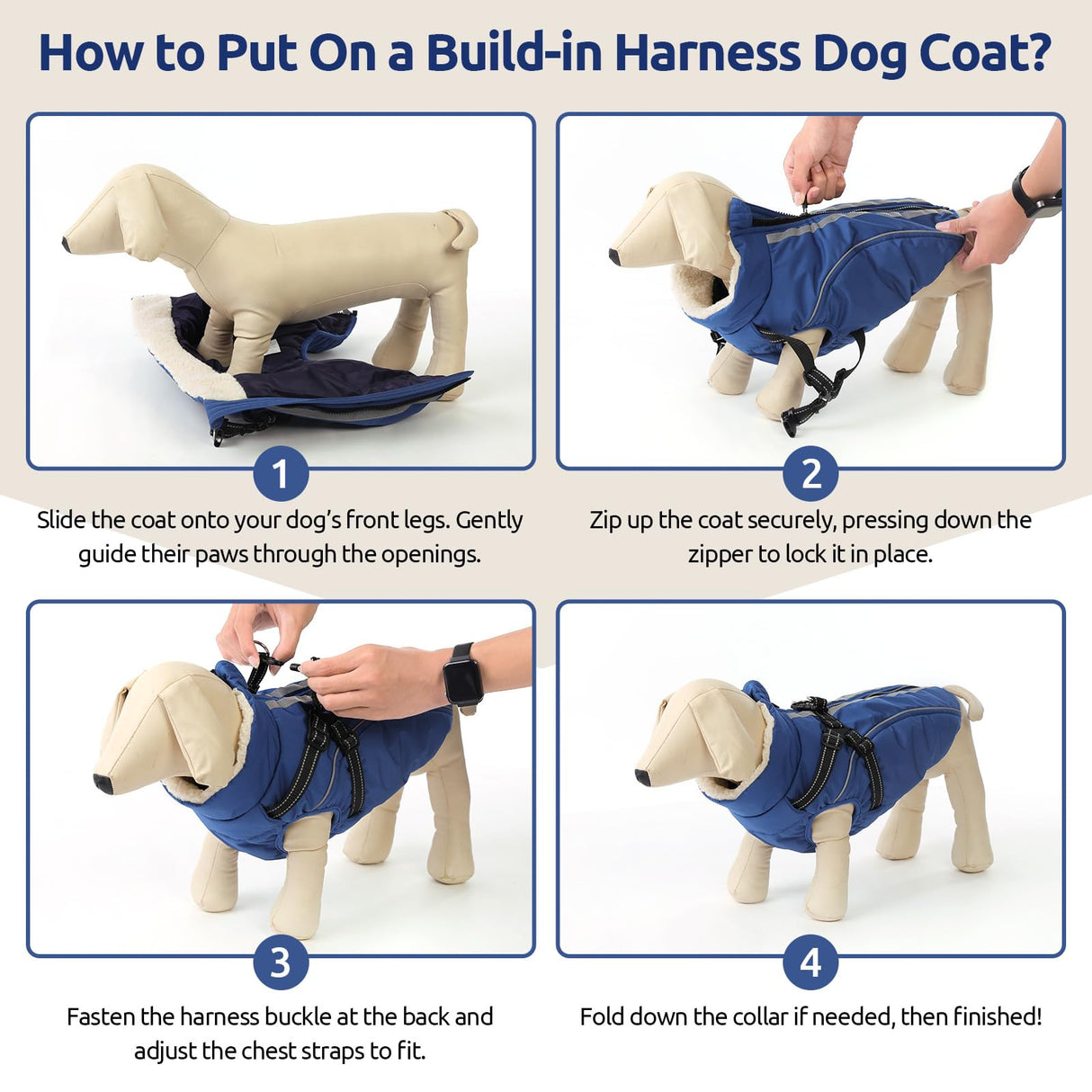 Dog Winter Coat with Harness Built in Warm Puffer Dog Jackets for Small Medium Large Dogs Windproof Waterproof Outfit with Plush Lining and Reflective Stripes (Blue, L)