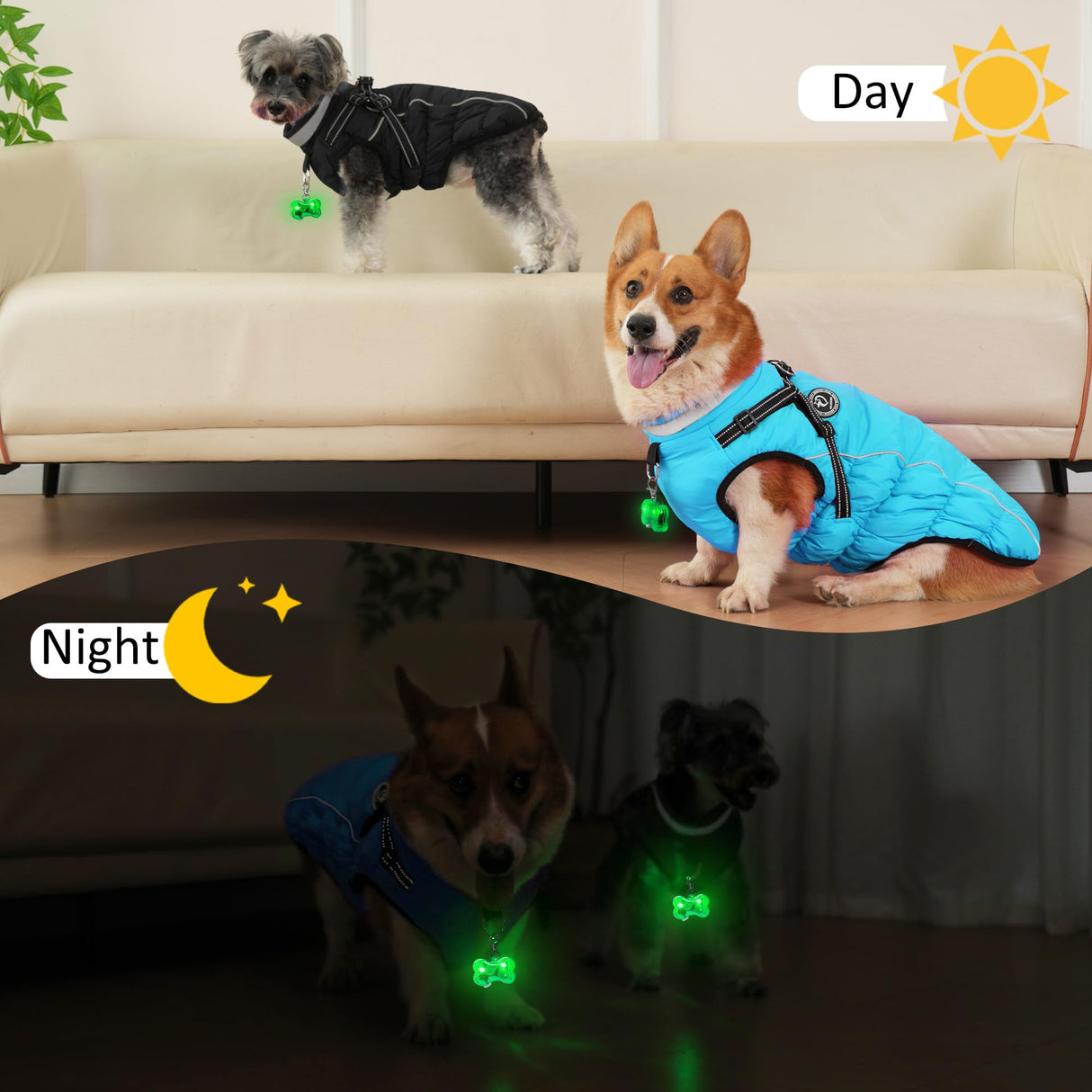 HezzLuv Waterproof Dog Jacket with Built-in Harness, Winter Snow Dog Warm Coat for Small, Medium Dogs, Cold Weather Cozy Vest Clothes with Luminous Pendant and Reflective Strips, Adjustable Straps