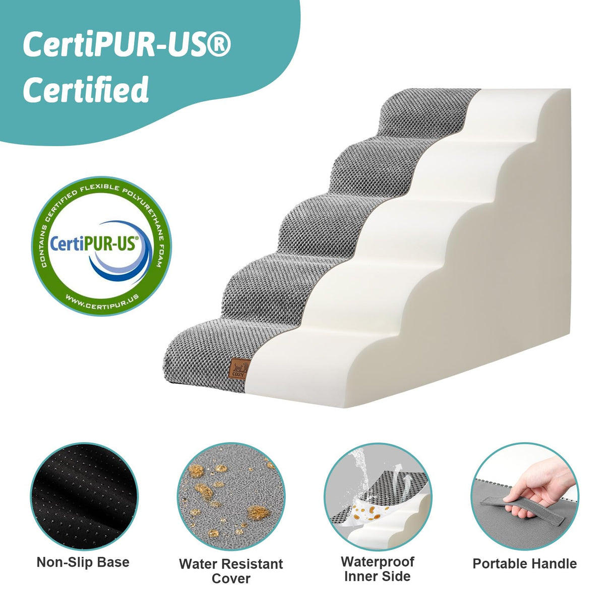 COZY KISS Dog Stairs for Small Dog 22.6" H, Curved Pet Step for Puppy, Older Cat, Medium Pet Ramp for High Bed, Ladder with High Density Foam, Durable, 5 Step, 15.7x33x22.6 inch, Grey
