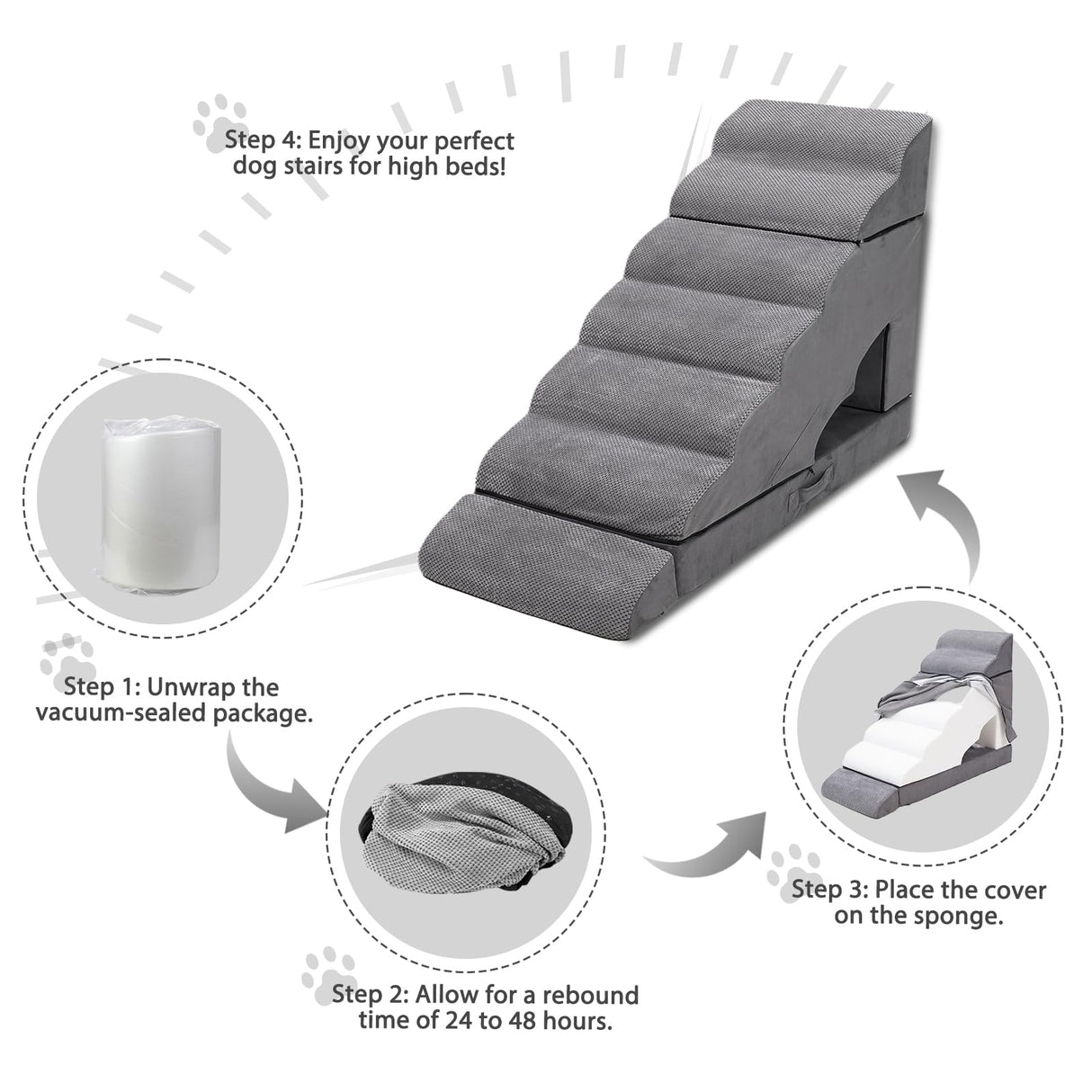 LitaiL 7-Step Dog Stairs for High Beds 30-36" Tall Dog Ramp for Small and Older Pets, Non-Slip Pet Steps, Grey