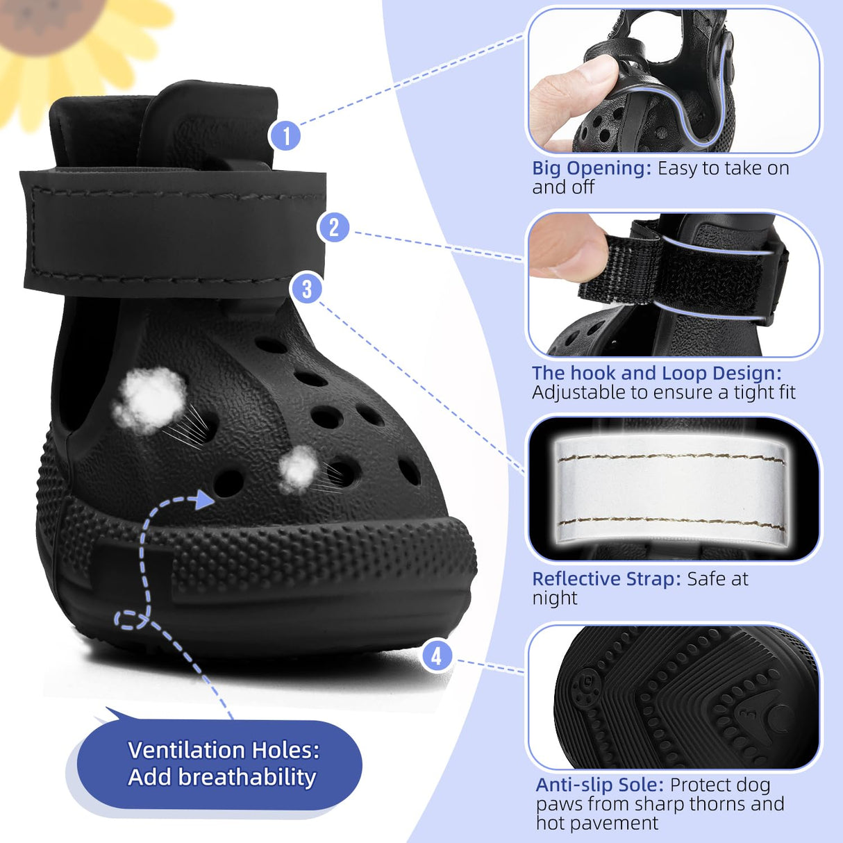 Lukovee Dog Shoes for Hot Pavement - Breathable Non Slip Dog Sandals with Reflective Stripes, Easy ON & Off, Easy-Clean Summer Outdoor Pet Boots for Small Medium Large Dogs (Black, Size 10)