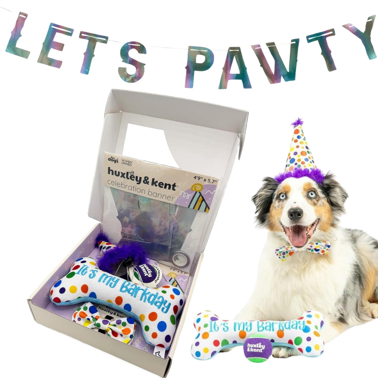 Huxley & Kent Celebration Box for Dogs - Fun Gift Kit with Plush Squeaky Toys, Party Hat, Bow Tie & Banner - Birthday, Gotcha Day & Special Occasion Dog Kit - Happy Barkday Box, Small