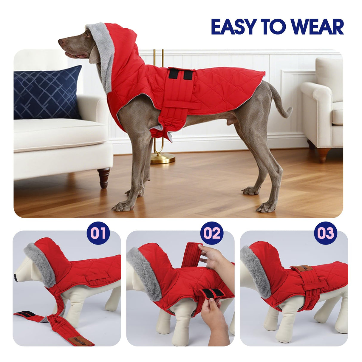 FUAMEY Dog Jackets for Large Breed, Adjustable Dogs Coats Fleece Lined for Chilly Morning, Thermal Winter Pups Outfits with Harness Hole, Sleeveless Puppy Vest Waterproof (Red, 2XL)