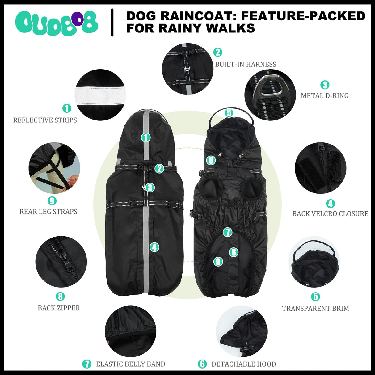 OUOBOB Dog Raincoat for Medium Dogs, Dog Rain Jacket with Adjustable Built-in Harness & Back Zipper, Reflective Strip, Removable Hood, for Rainy Walks, Muddy Roads or After-Bath Outings - Black M