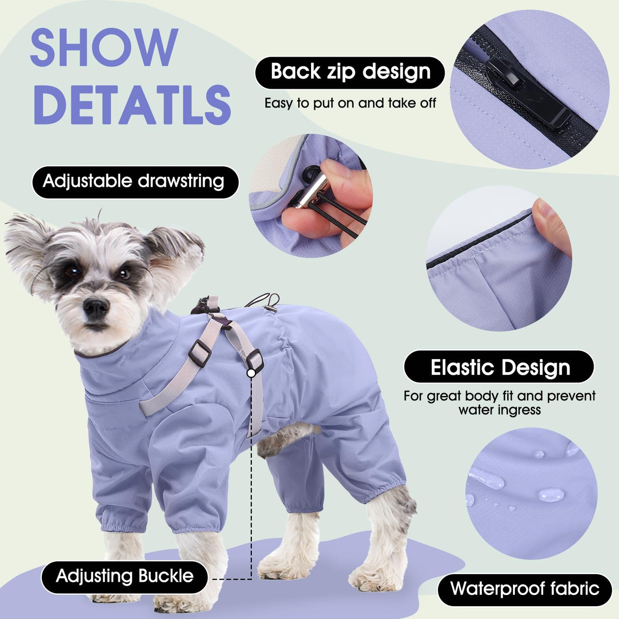 BRKURLEG Dog Raincoat for Small Dogs, Small Dog Rain Jacket with Harness Built in, Waterproof 4 Legs Puppy Raincoats, Puppy Outdoor Jacket with Reflective Strip, Purple, XXL