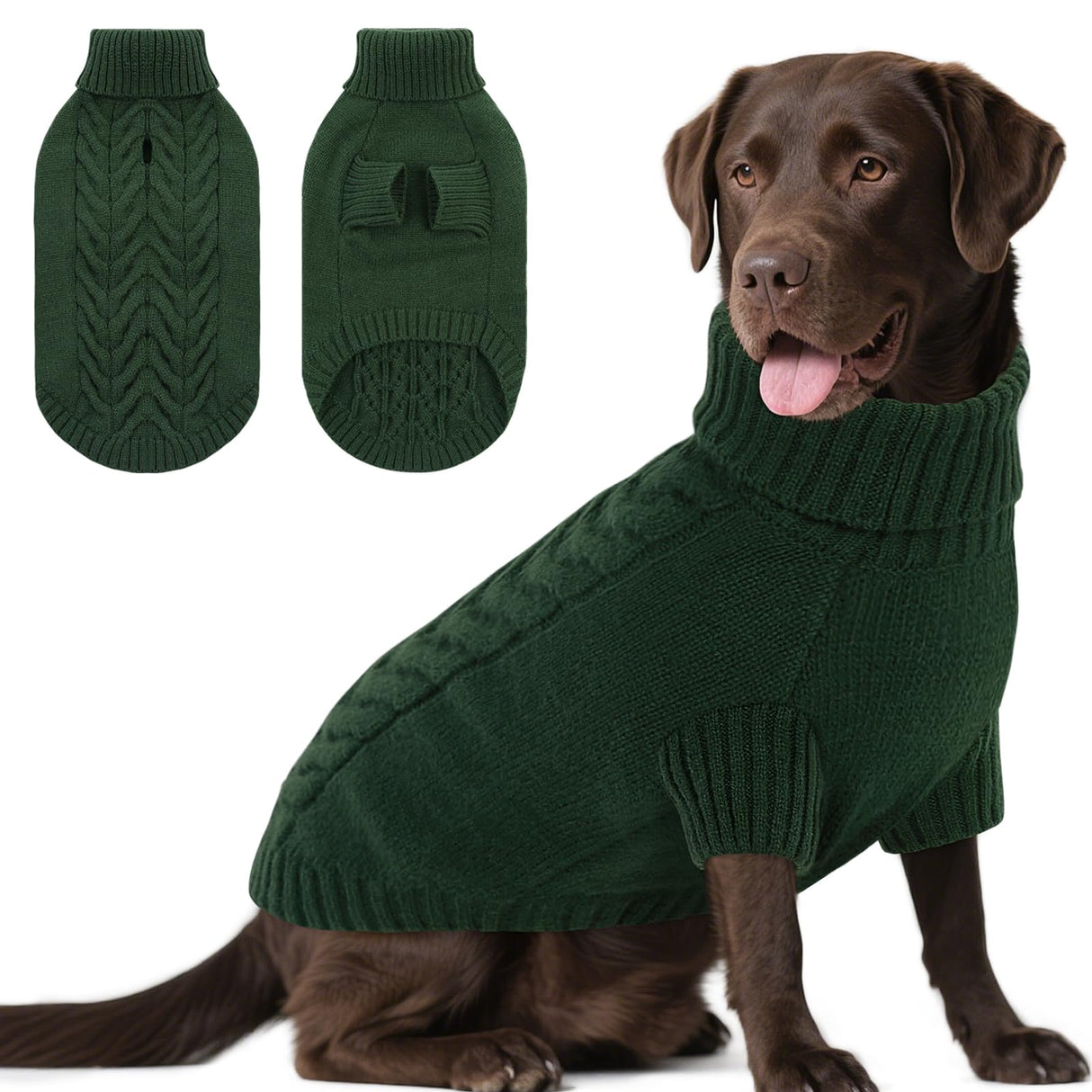 Dog Sweaters for Large Dogs Classic Turtleneck Dog Christmas Sweater Thick Warm Pullover Male Puppy Pet Stretch Knitwear Fall Winter Clothes with Leash Hole(Green, 2XL)