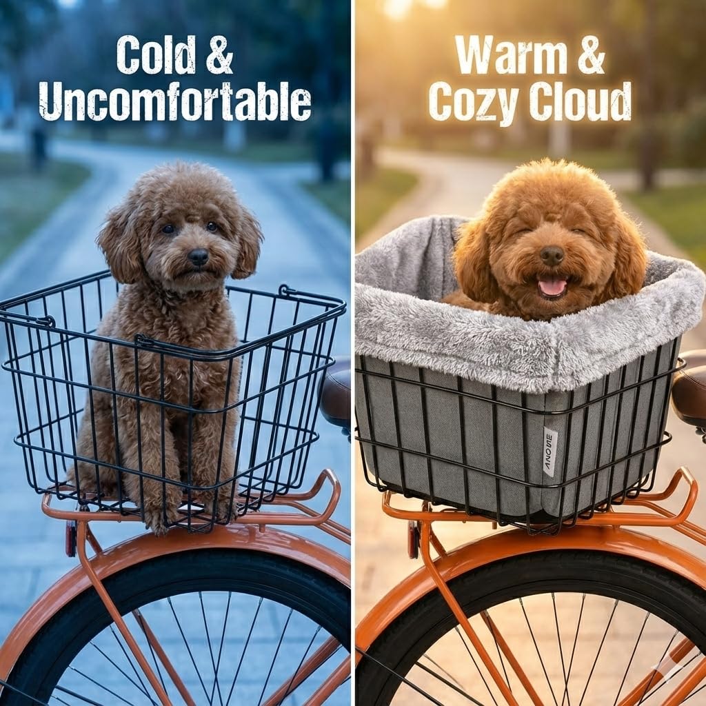 ANZOME Dog Bike Basket Liner (Liner Only), Soft Sherpa Padded Cover for Wire Bicycle Baskets, Warm Winter Pet Carrier Insert Bed with Durable Canvas & Elastic Fit (Grey)