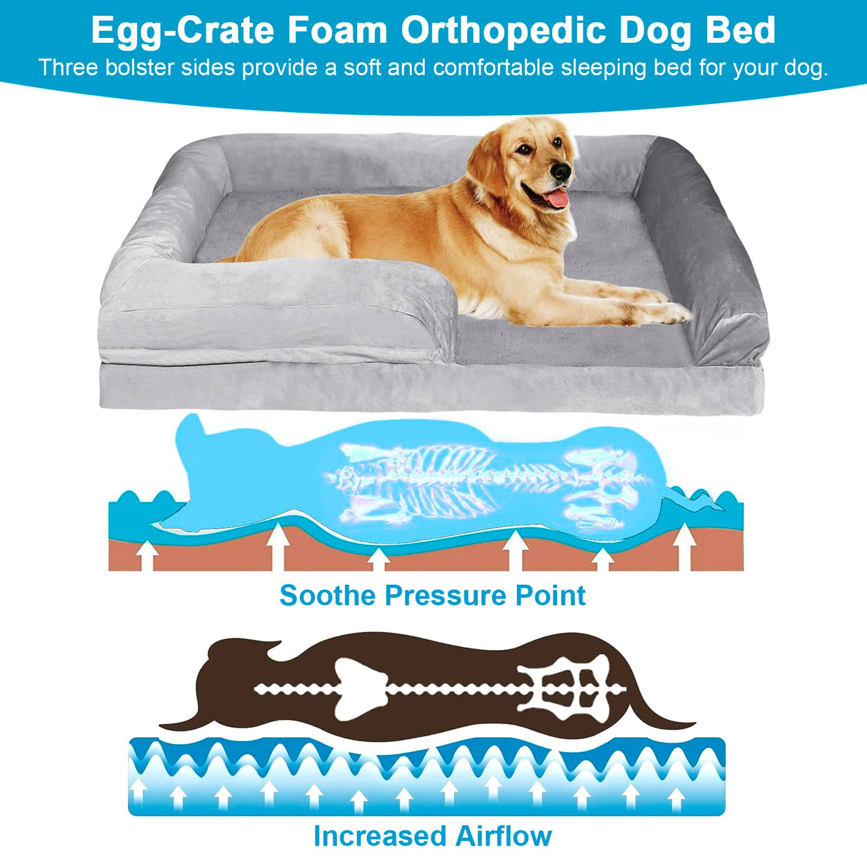 Orthopedic Bolster Dog Bed, Waterproof Lining Dog Bed with Egg-Crate Foam Sofa, Non-Slip Bottom Dog Couch with Washable Removable Cover for Medium Large Extra Cat Dog (35x25x7.1 inches, Brown)