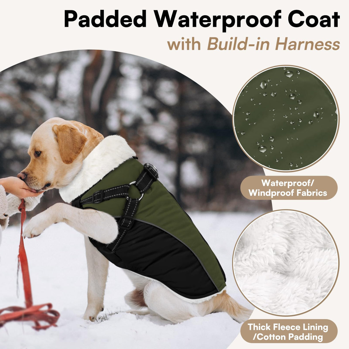 Queenmore Medium Dog Jacket with Harness Built-in, Winter Coat for Medium Dogs, Warm Puffer Jacket, Cold Weather Snowsuit Parka - Waterproof Fleece Lined Reflective Adjustable, Green/Black M