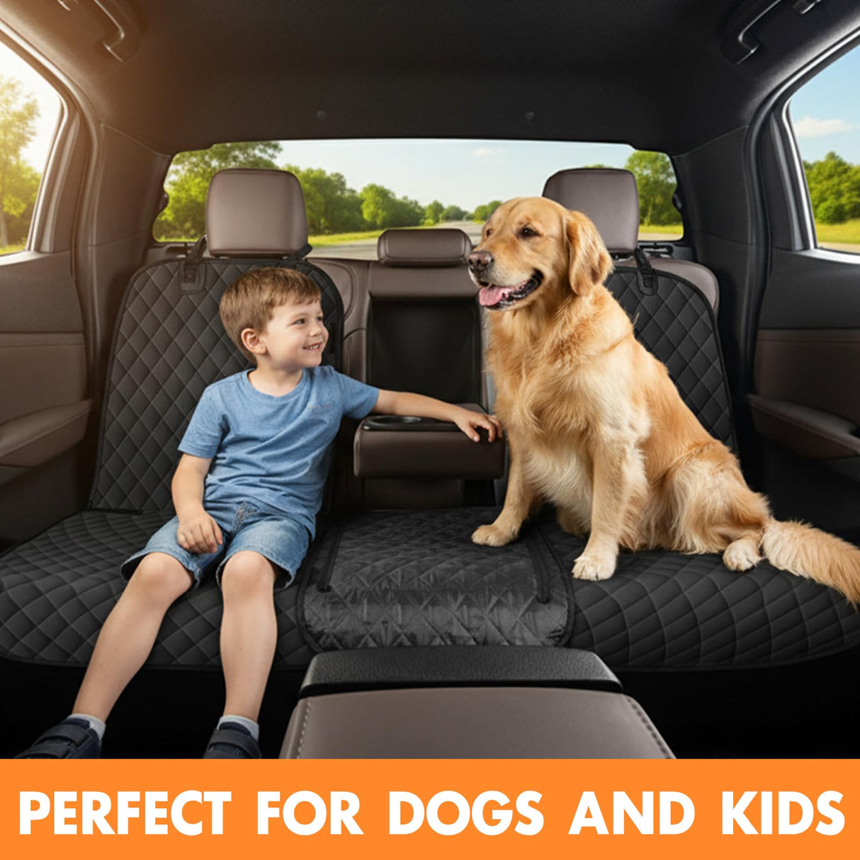 Dog Car Seat Cover for Back Seat - Waterproof, Non-Slip, Pet Bench Seat Covers, with 60/40 Split Bench Fit, Universal Size for Sedans, Trucks & SUVs, Machine Washable, Non-Stick Fur & Durable, M-Black