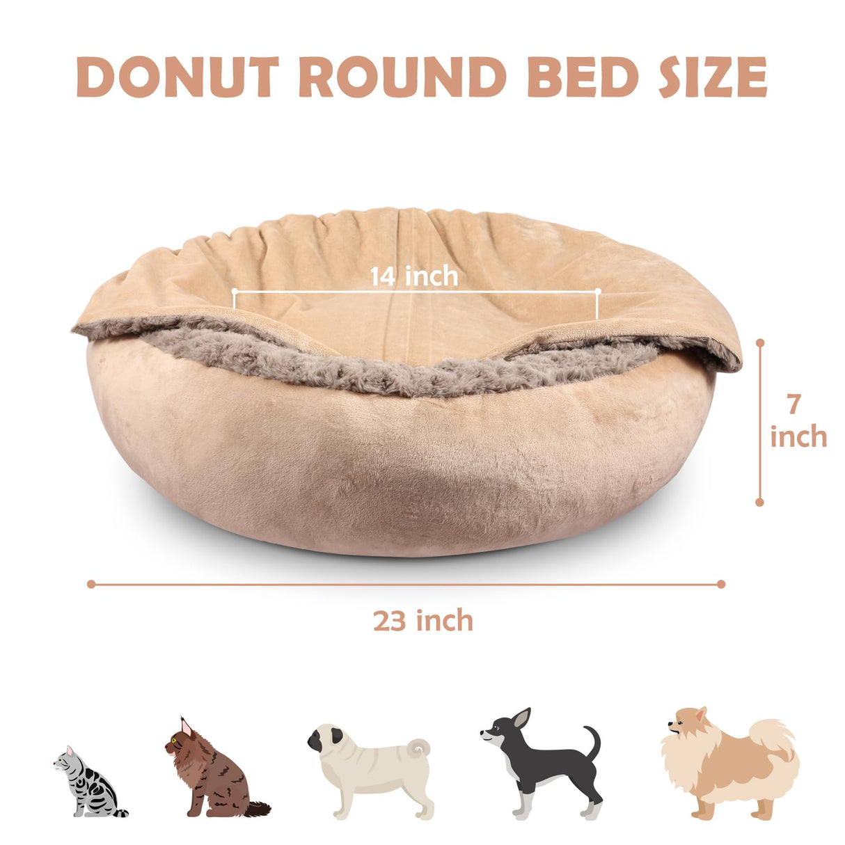 JOEJOY Small Dog Cat Bed With Hooded Blanket, Cozy Cuddler Luxury Puppy Pet Donut Round Calming Anti-Anxiety Burrow Cave - Anti-Slip Bottom, Machine Washable, 23 Inch