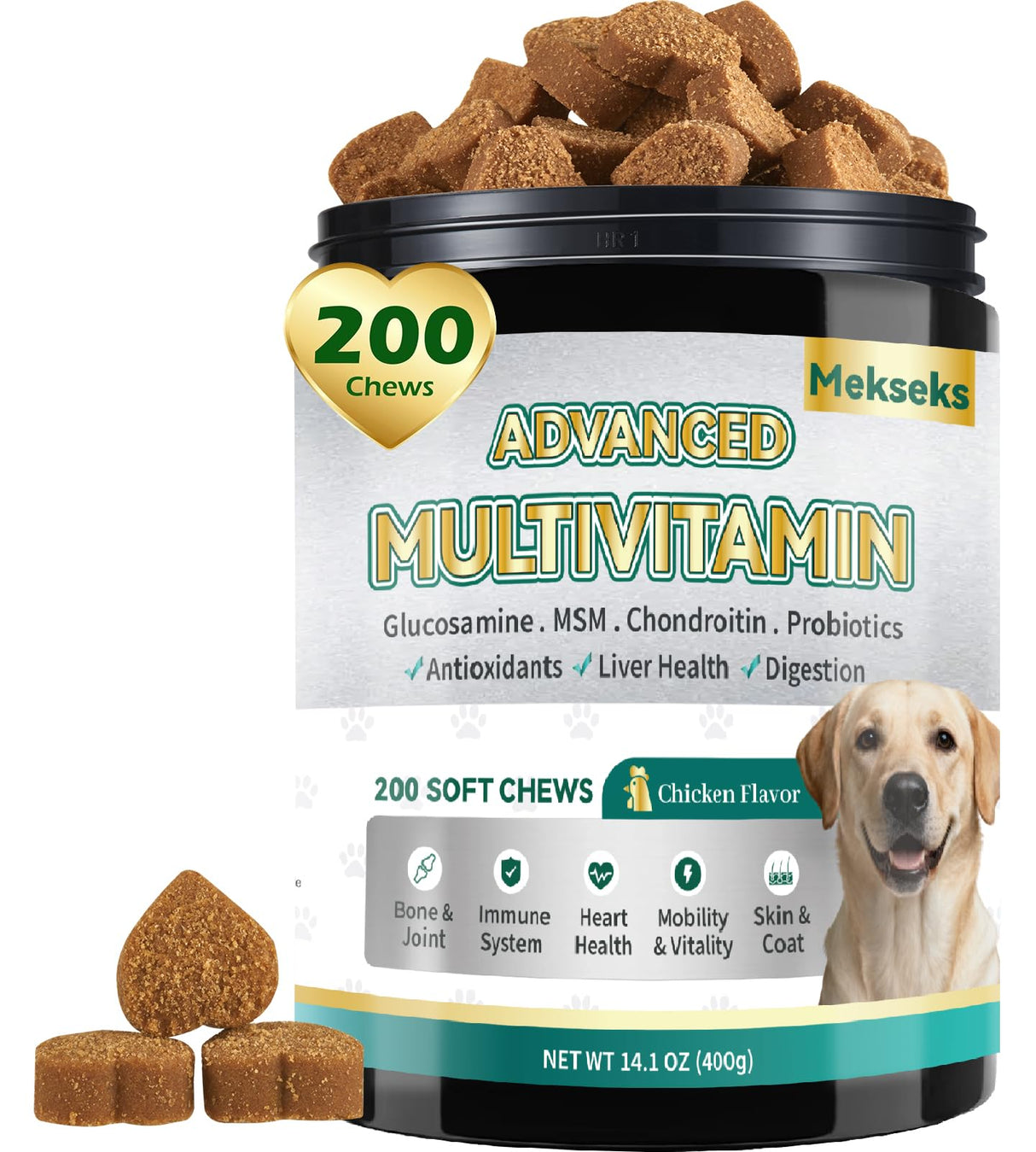 Advanced 24-in-1 Multivitamin Chews for Dogs - 200 Soft Chewable All-in-One Vitamin Support Supplement for Dog Joints, Gut Health, Skin & Coat with Omega-3, Probiotics & 12 Essential Vitamins