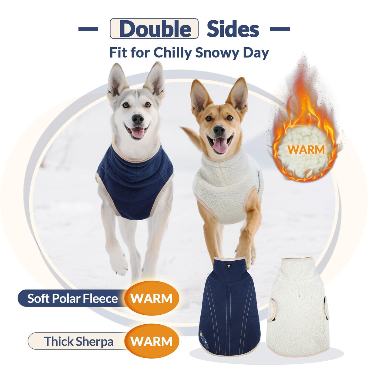 ROZKITCH Dog Coats for Large Dogs with Double Sided Polar Fleece and Sherpa for Cold Weather in Winter, Windproof Turtleneck Sweater with Adjustable Drawstring and Velcro DarkBlue 3XL