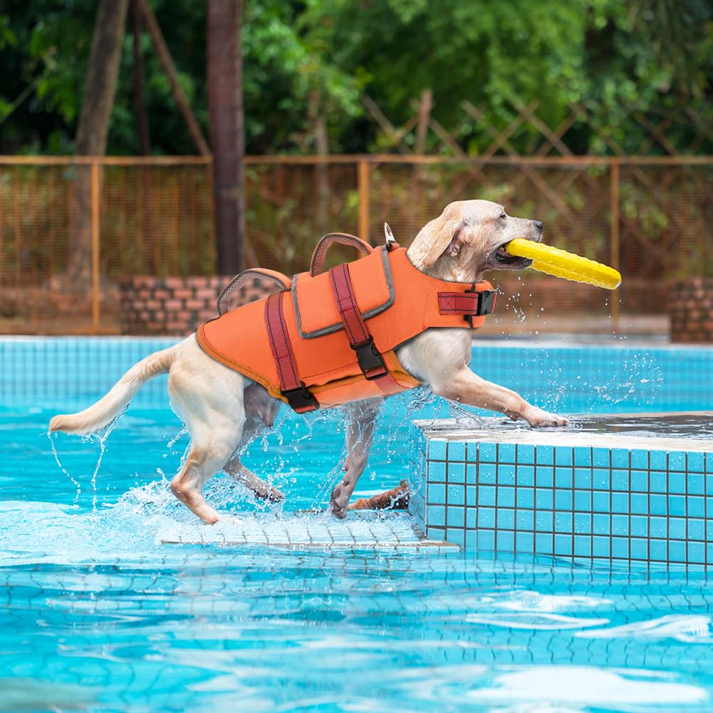 EMUST Dog Life Jacket, Thickened Dog Life Vests for Medium Large Dogs with Added Layer, Reflective Pet Life Preserver Floats for Pool Boating Swimming, Orange, M