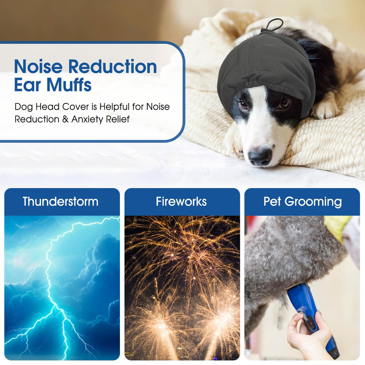 SUNFURA Dog Calming Hoodie, Dog Ear Muffs Noise Protection, Ear Wrap Hematoma for Dogs, Adjustable No Shake Head Cover Anxiety Relief, Grooming, Blow Drying, Fireworks, Thunderstorms, Grey S