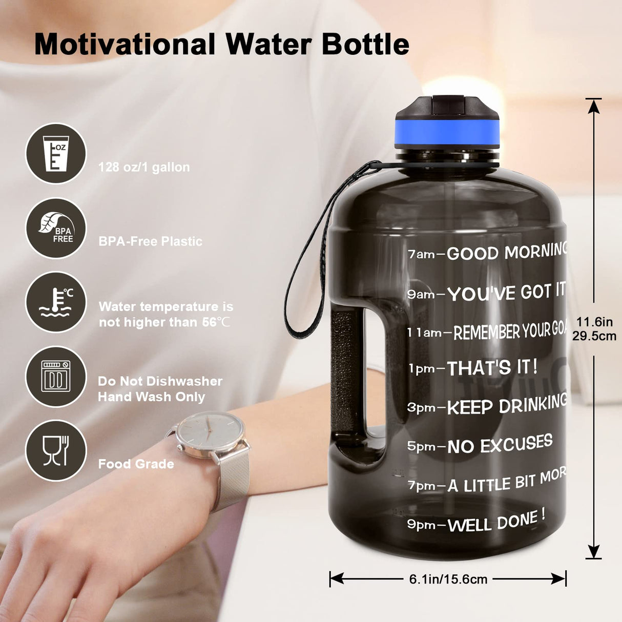 QuiFit Motivational Gallon Water Bottle - with Straw & Time Marker BPA Free Large Reusable Sport Water Jug with Handle for Fitness Outdoor Enthusiasts Leak-Proof(Black,1 gallon)