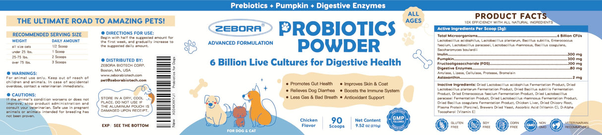 Probiotic Powder for Dogs with Pumpkin, Prebiotics & Digestive Enzymes, 6 Billion CFUs Dog Probiotics for Digestive Health, Diarrhea & Itchy Skin Relief, Chicken Flavor, 90 Scoops