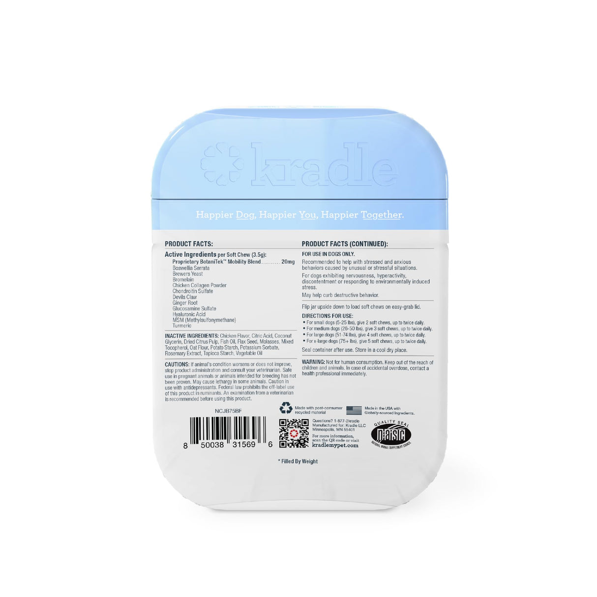 Kradle Hip and Joint Chews for Dogs - Daily Mobility & Joint Health Supplement - Soft Chews with Glucosamine, Chondriotin, MSM, Hyaluronic Acid & Turmeric - 75 Chews