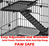 Deluxe 2-Level in/Outdoor Rabbit Hutch Cage for Ferret Squirrel Chinchilla Paw Safe Solid Platform Ramp Mesh Floor Pull Out Leakproof Easy Clean 2-Inch Deep Tray Large Access Doors Lockable Casters