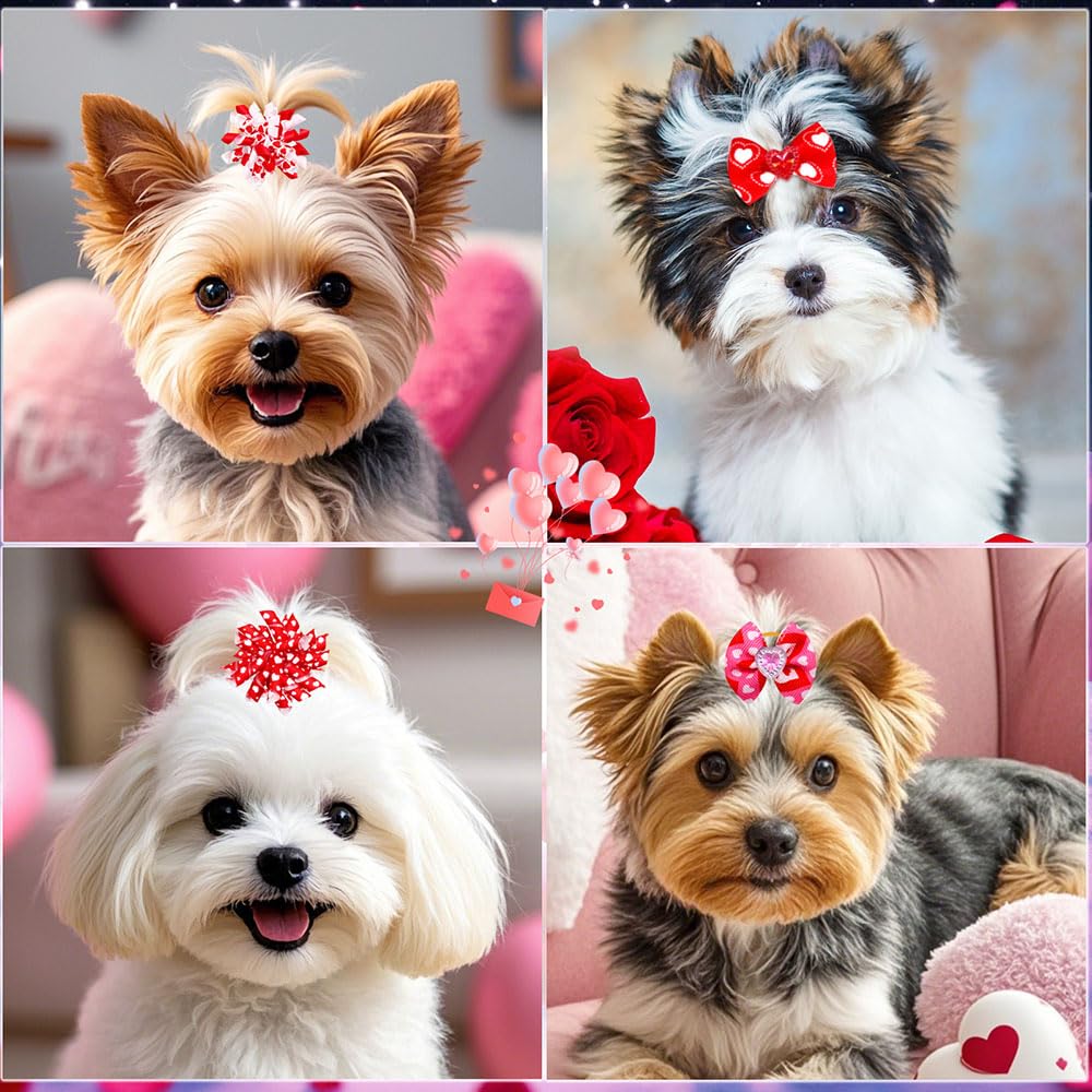 Senniea 60Pcs Dog Bows with Rubber Bands Love Heart Dog Bowknot Hair Bows Red Pink PuppyTopknot Bows for Day Doggie Cat Bunny Yorkie Pet Hair Grooming Accessories (Valentine's Day)