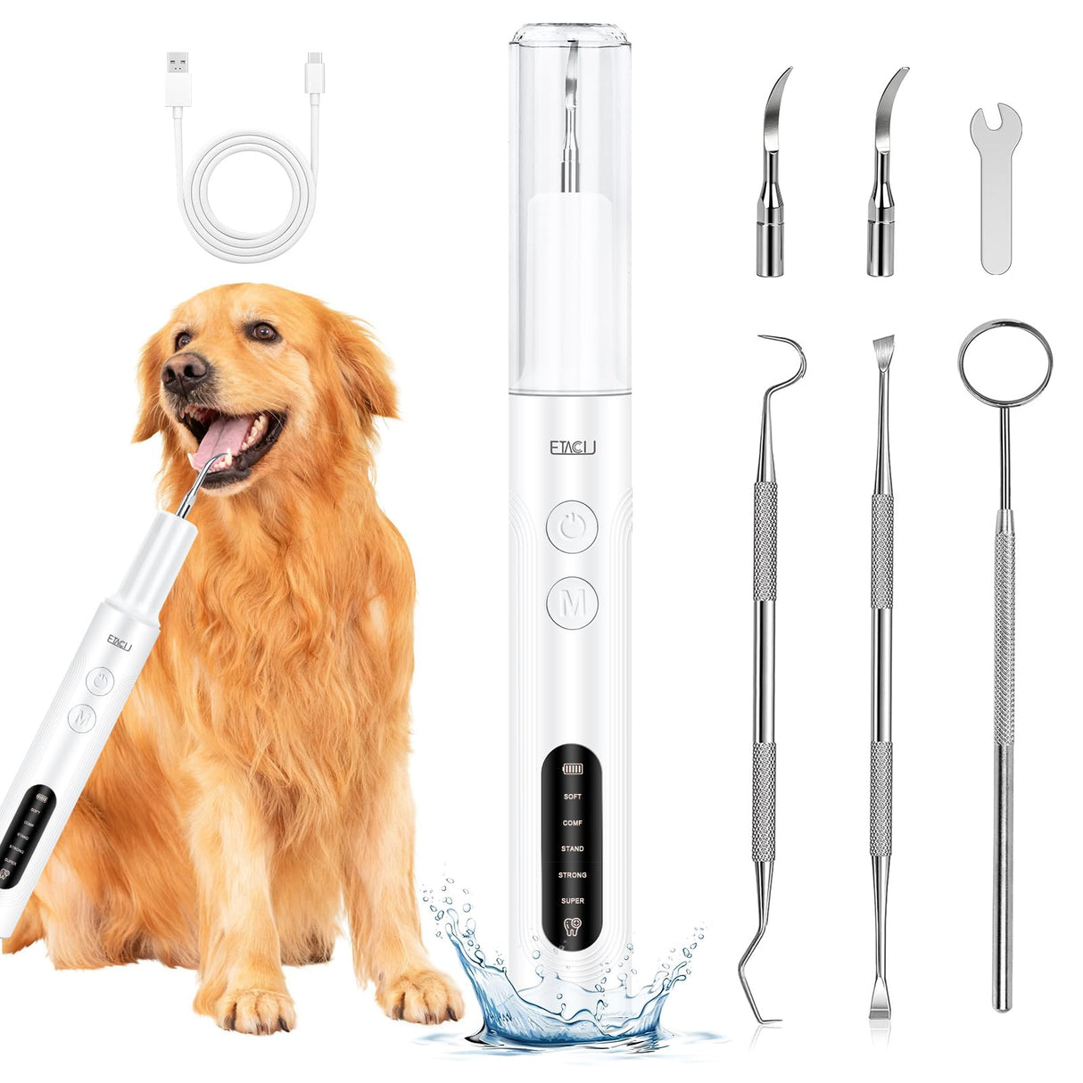 ETACCU Dog Plaque Remover for Teeth, Dog Plaque Remover Tool with LED Light, 5 Modes Teeth Cleaning Tools, Low Noise Pet Tooth Brushing Kit Dental Tools for Dog and Cat, White