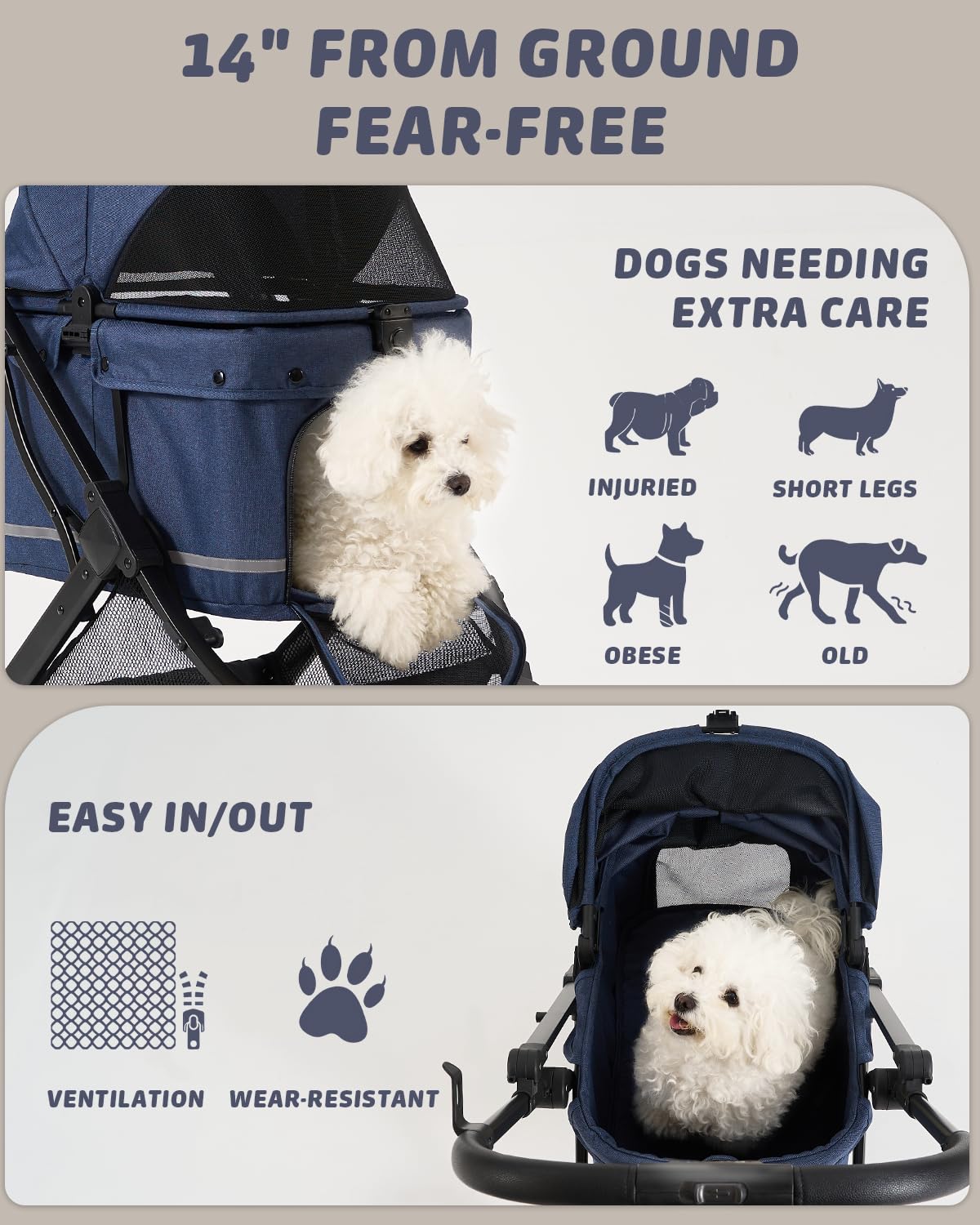 HITTITE Pet Stroller with Weatherproof Cover, All-Terrain 4-Wheel Cat & Dog Stroller with Adjustable Canopy, Foldable Dog Strollers with Storage Basket for Small to Medium Dogs Up to 55 lbs.