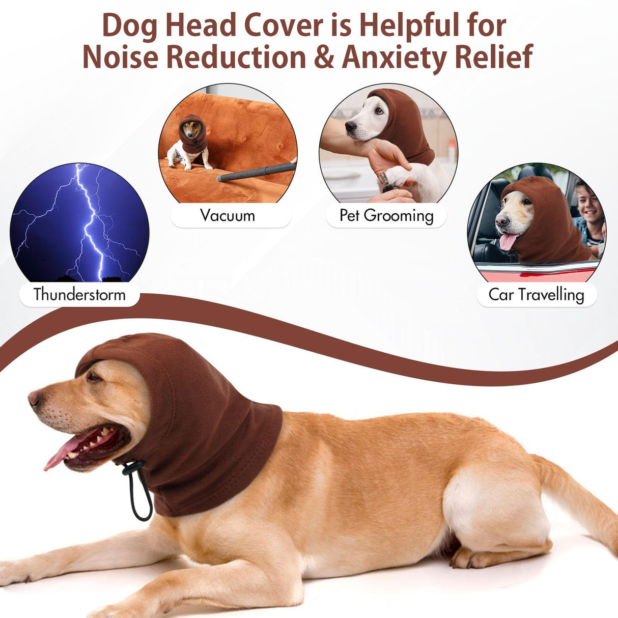 IDOMIK Dog Calming Hoodie,Ear Wraps for Dog to Calm Anxiety,Doggy Ears Head Cover for Noise Protection,Snoods for Pets Grooming Force Drying Fireworks,Pet Hematoma Ear Wrap Headband,Coffee,L