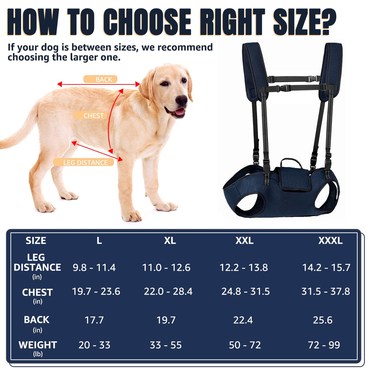 Nasjac Dog Lift Harness for Large Dogs - Full Body Dog Sling Carrier with Adjustable Straps & Control Handle, Breathable Backpack for Elderly Injured Arthritic Disabled Medium Large Dogs, Navy XL