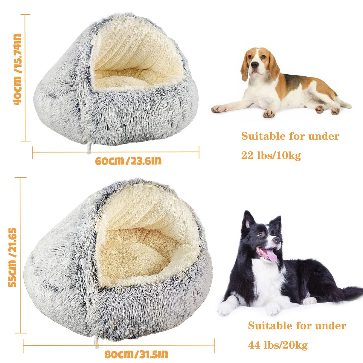 SUOXU Hooded with Supports Dog Bed,Deluxe Plush Dog Cave Bed for Medium Small Dogs Cats Under 22 lbs/10kg, Warming Cozy Soft Faux Fur Donut Pet Bed,Removable Washable Cover and Anti Slip Bottom