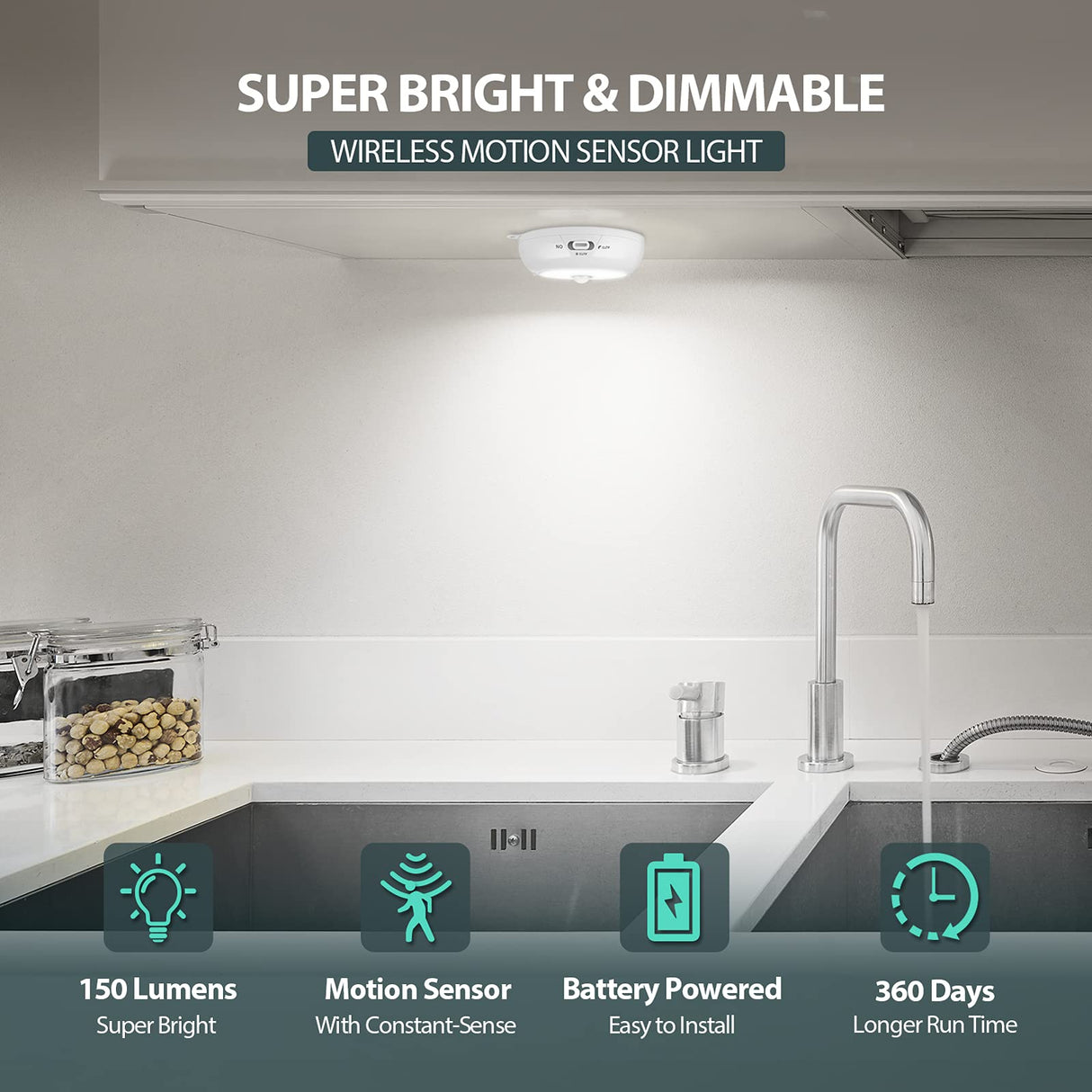 Alivation Motion Sensor Light Indoor, LED Closet Lights Battery Operated, Motion Sensor Night Light Under Cabinet Lighting, 3 AA Battery Powered Lights, Puck Lights for Wall, Stair, Dimmable (3 Pack)