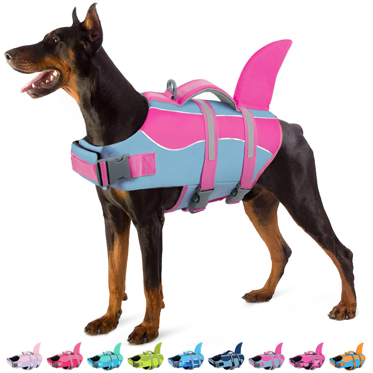 SUNFURA Dog Life Jacket - Shark Dog Life Vest for Swimming Boating, Reflective Lifejacket with High Buoyancy and Rescue Handle, Adjustable Lifesaver for Small Medium Large Breeds, Blue Pink M