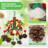 MQUPIN Parrot Toys, Nuts Nutrient-Rich Bird Toys,Natural Wooden Parrot Cage Bite Toy,Chewing Toy Containing Cuttlefish Bones,Pine Cones,Wooden Mangoes and Carambola for African Greys,Cockatoo,Budgie