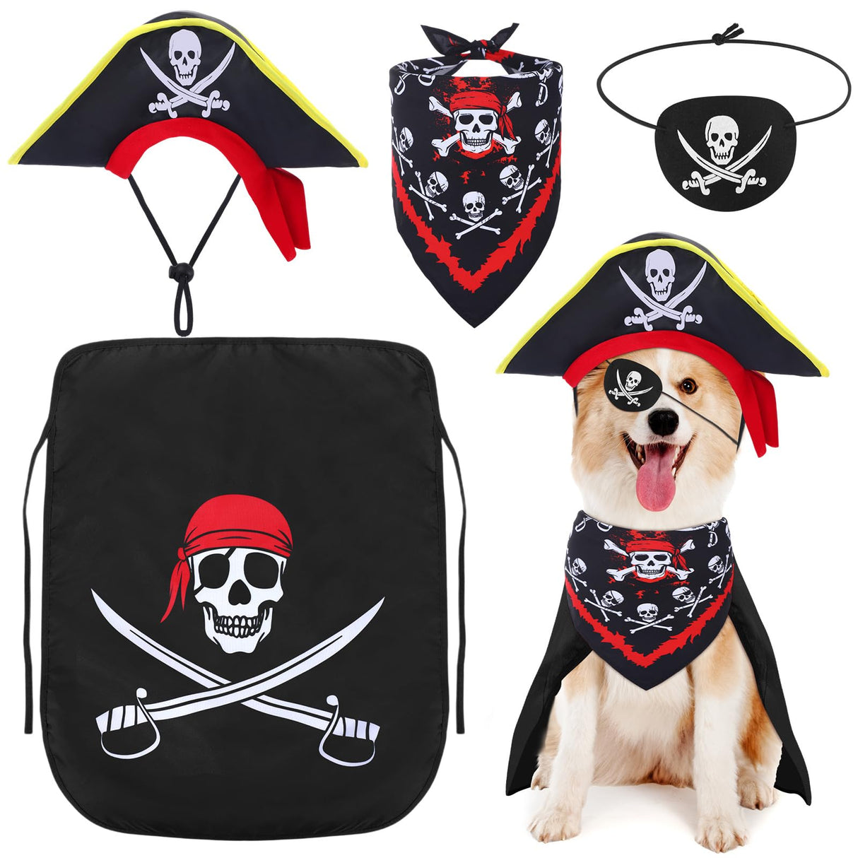 4 Pcs Dog Pirate Costume Set Dog Pirate Hat Pet Skull Triangle Bandana Puppy Cape and Eye Mask for Halloween Outfits Accessories
