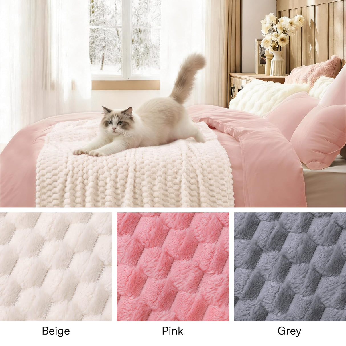 Luciphia Soft 300GSM Fleece Pet Blanket for Small Medium Large Dogs Washable 3D Textured Flannel Cat Puppy Decorative Furniture Protector Throw Durable White, XL(57''x40'')