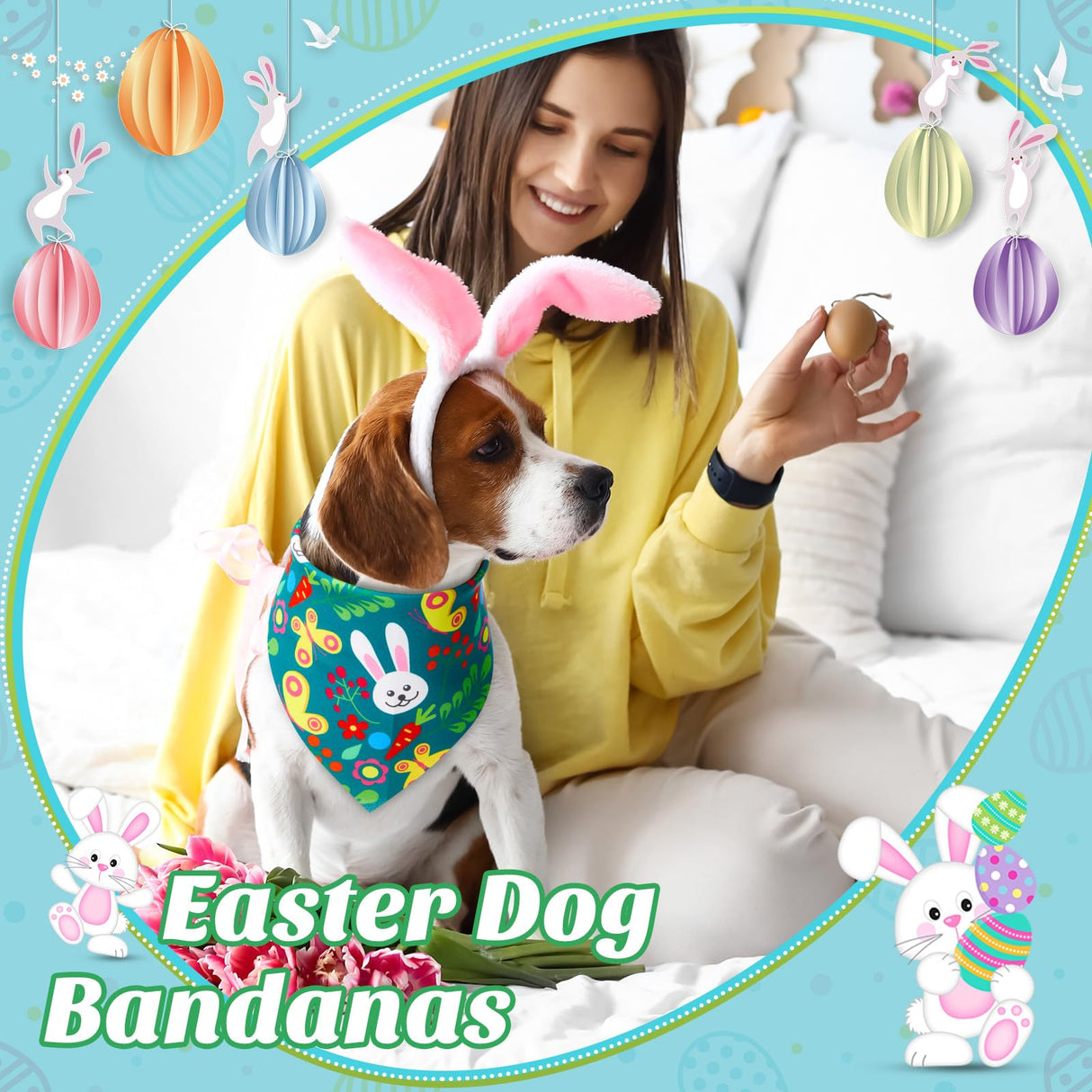 Sanwuta 50 Pcs Easter Dog Bandanas Bulk Pet Kerchief Set Bibs Triangle Scarf Dog Bandanas with Egg Rabbit Carrot Patterns for Easter Party Pet Costume Accessory Decoration(31.5 x 21.7 x 21.7)