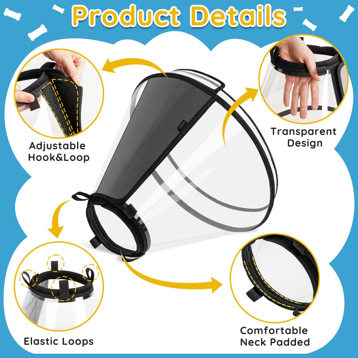 Didopet Dog Cone Collar After Surgery, Extended Dog Recovery Cone to Stop Licking Wounds, Transparent Soft Elizabethan Collar for Large Medium Small Dogs, Adjustable Pet Cone with Elastic Neck Loops