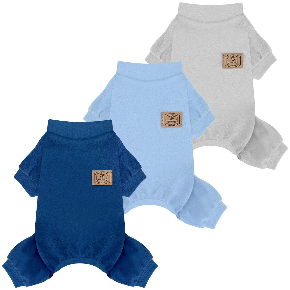 XPUDAC 3 Pack Fleece Dog Pajamas Winter Dog Clothes for Small Medium Dogs Boy Girl Warm Soft Puppy Outfit Pet Costume, Light Sky Blue, Navy, Light Gray, 2XL