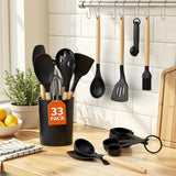 Kitchen Utensils Set - 33 PCS, Heat-Resistant Silicone Cooking Utensils Set with Wooden Handle, BPA-Free Kitchen Gadgets Spatula Sets with Holder for Nonstick Cookware (Black)