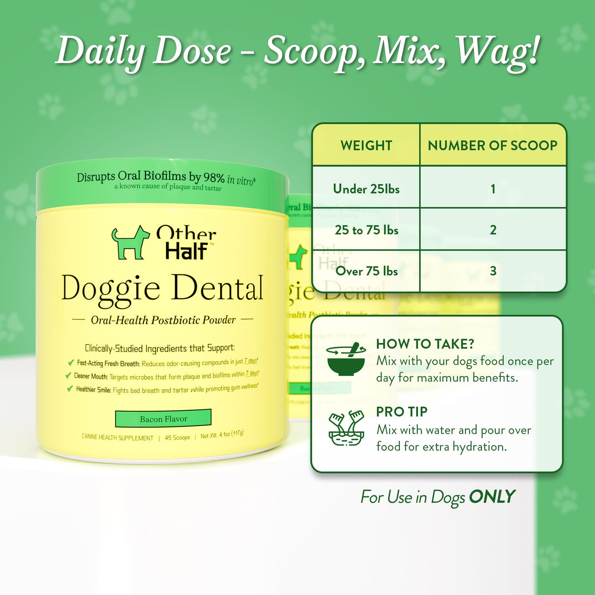 OTHER HALF Doggie Dental Supplement Powder - Dog Breath Freshener & Teeth Cleaning Made Easy - Oral Health Postbiotic for Dogs - Targets Tartar, Plaque & Bad Breath | 45 Scoops, Bacon Flavor