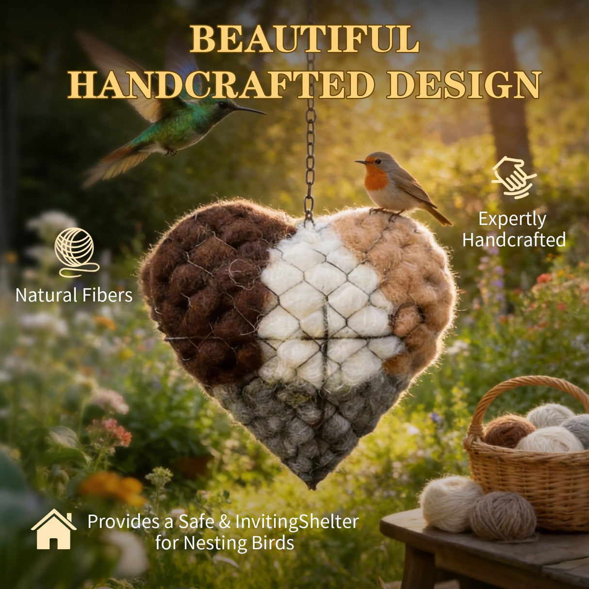 IENG Alpaca Fiber Bird Nesting Heart House Handmade Material Wild Birds Fur for Balls Wool Natural Box Nest Lovers Gift Holder Birdhouse Nido De Pajaros Cage Outdoor Yard Art Winter Shelter