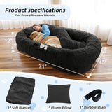 Human Dog Bed, 71''x45''x12'' Size Fits You and Pets, Washable Faux Fur Pet Bed for People Doze Off, Napping Orthopedic Dog Bed, Present Plump Pillow, Blanket, Strap - Black