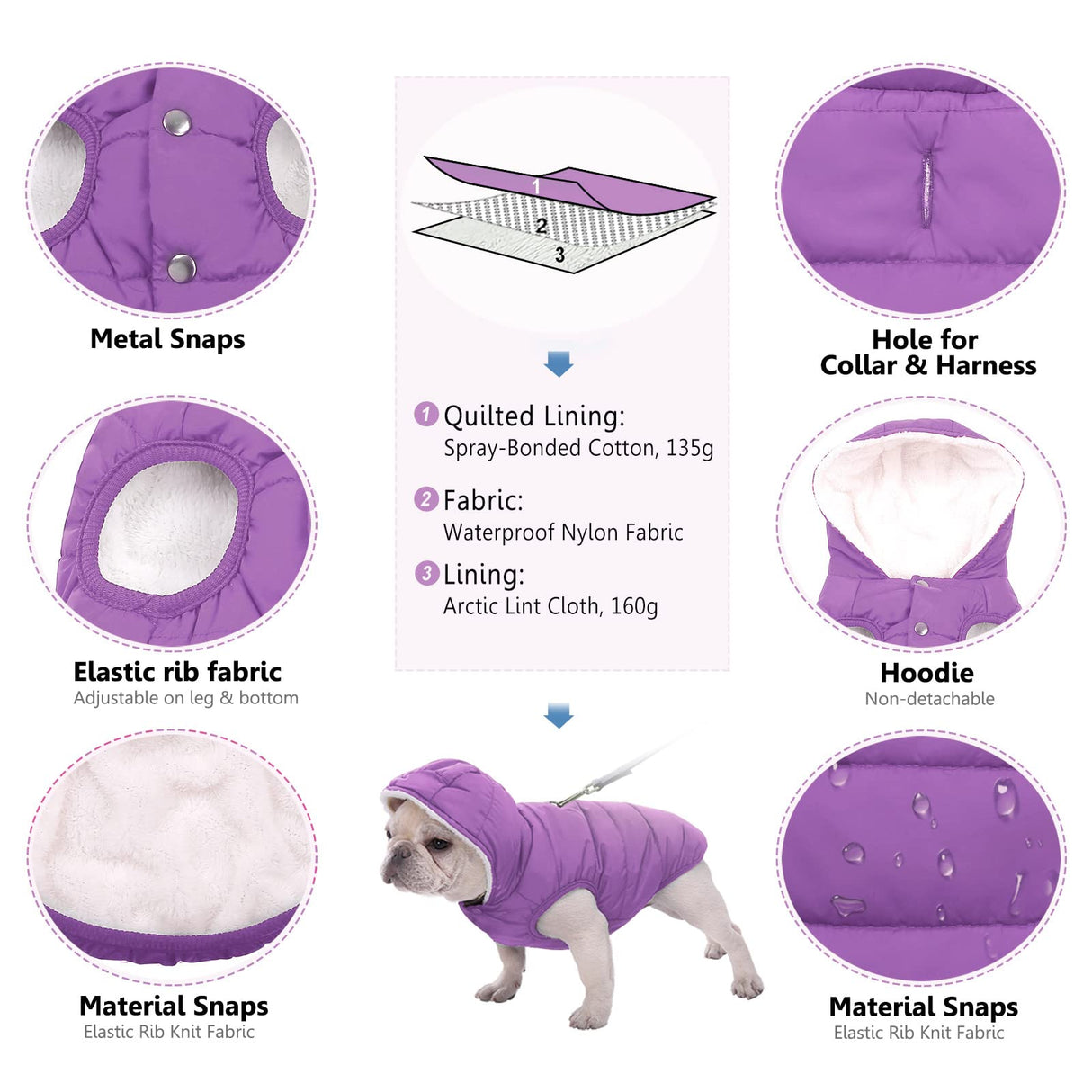 Windproof Waterproof Dog Coat Fleece & Cotton Lined Warm Jacket, Cold Weather Pet Apparel Clothes Vest for Small to Large Dogs (L, Purple)