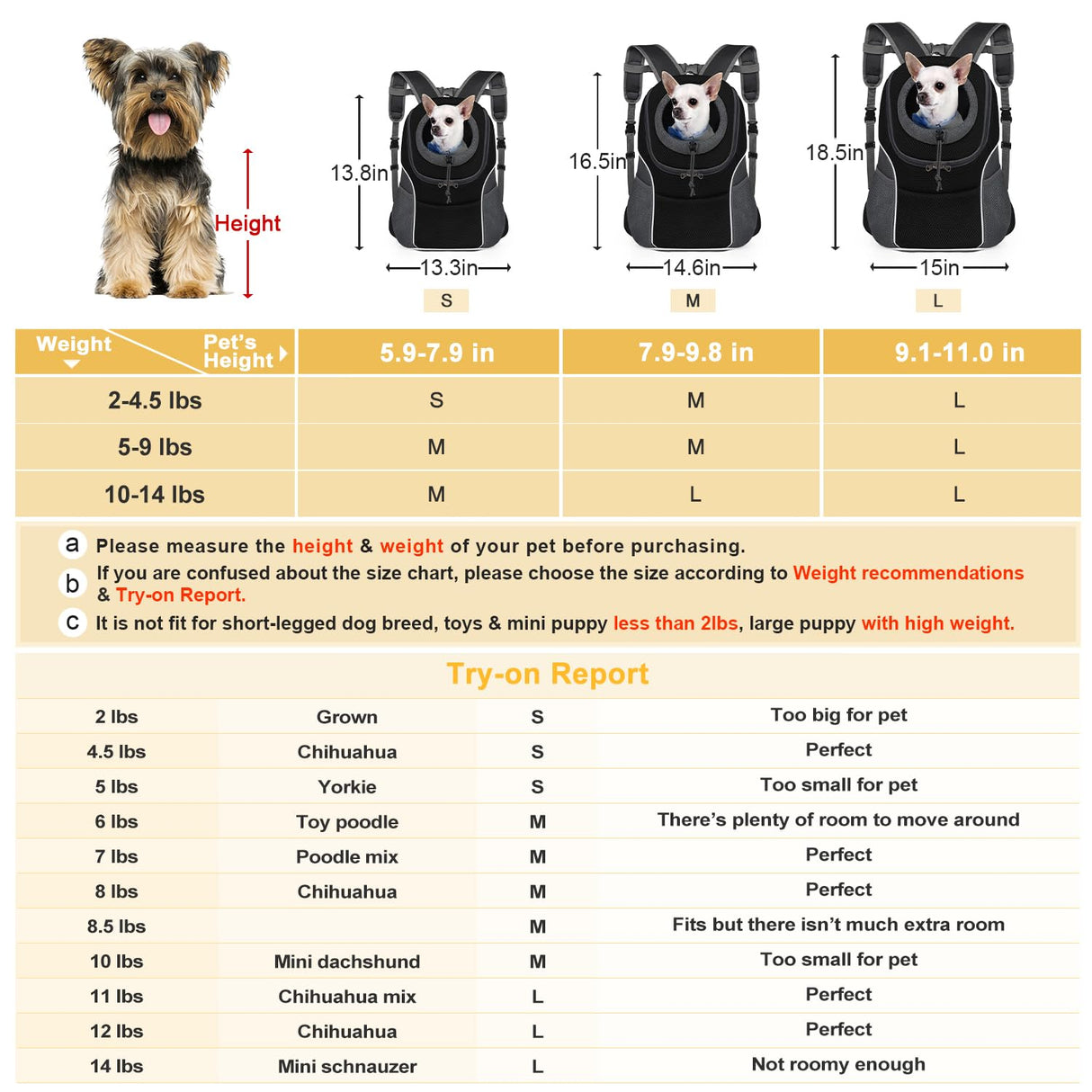 WOYYHO Pet Dog Carrier Backpack Small Dog Front Backpack Ventilated Dog Carrier Back Pack with Storage Pockets, Adjustable Straps & Safety Belt for Travel Hiking Outdoor (Size L: 10-14 lbs, Black)