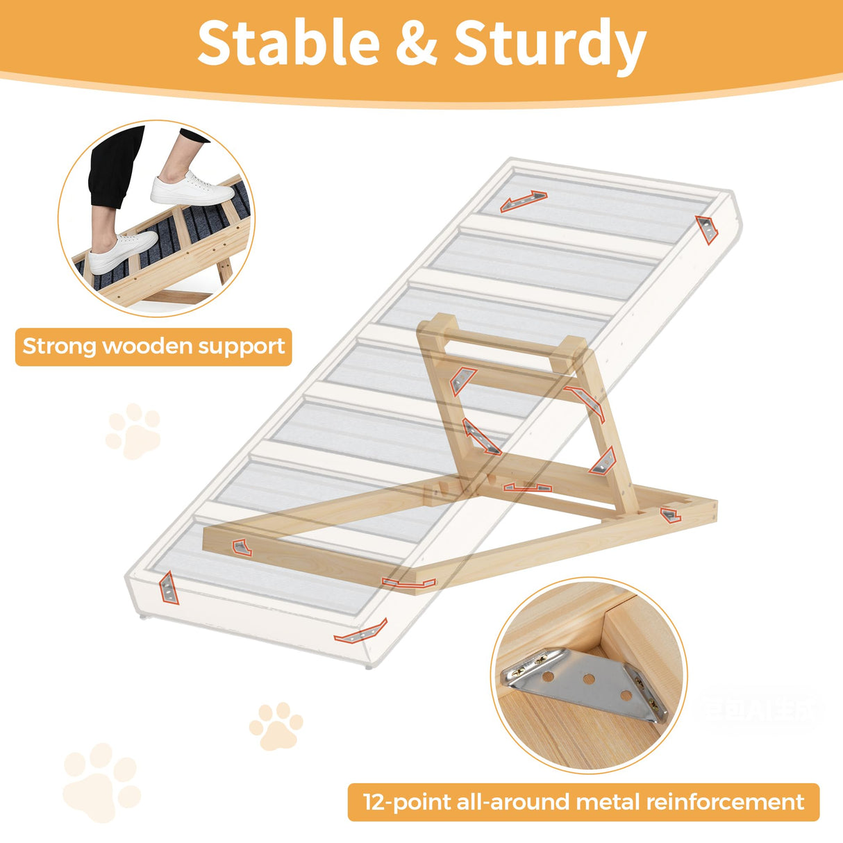 Dog Ramp for Bed, Couch- Upgraded Non-Slip Wooden Pet Ramp with Sturdy Construction, 4 Adjustable Heights (16" to 22"), Supports 132 lbs for Small & Medium Dogs