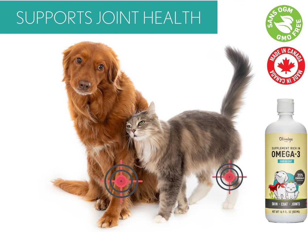 Camelina Oil for Dogs & Cats, 500mL by Olimega Farm | High in Omega-3 & Vitamin E | Support for Healthy Joints, Coat & Skin | Alternative to Salmon Oil for Dogs | Made in Canada | Non-GMO