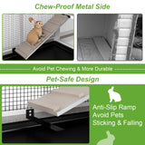 2 Story Rabbit Hutch Outdoor Indoor, Wooden Bunny Cage with 6 Lockable Wheels, 3 Removable No Leakage Pull Out Trays, Chew-Proof Ramp & Waterproof Roof, Ideal for Rabbit & Guinea Pig