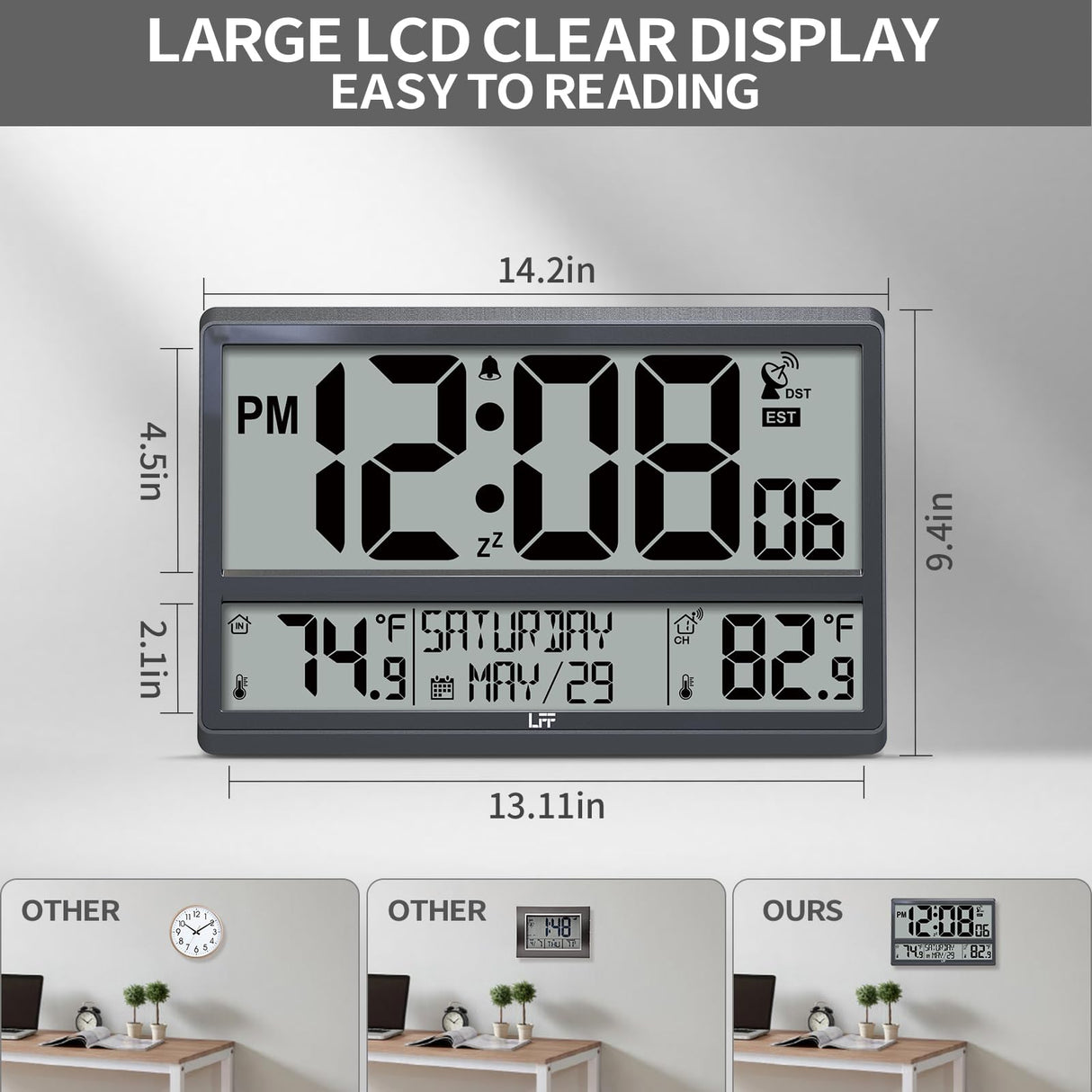 LFF Atomic Clock, Never Needs Setting, Battery Operated, Atomic Wall Clock with Indoor/Outdoor Temperature, Wireless Outdoor Sensor, Large Display Digital Calendar Clock for Elderly